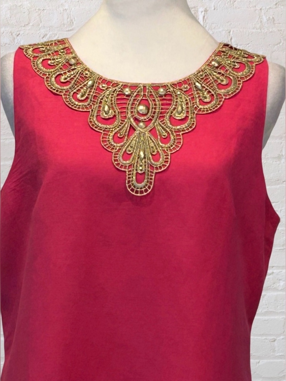 👑👑👑Eliza J Pink Linen Blend sz10 Gold Embroidered Gold Beaded Yoke Shift MONEY - Picture 10 of 13
